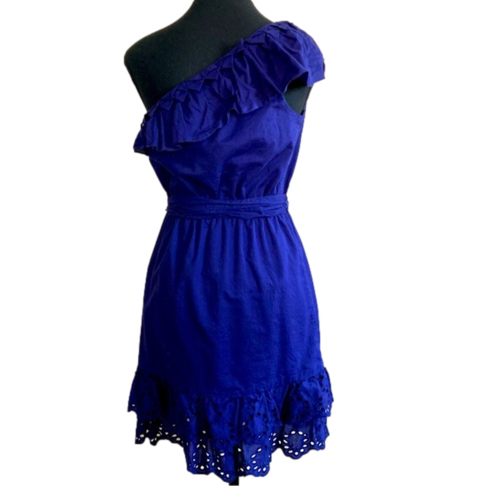 Nine West purple cotton one-shoulder neckline ruffle detail dress. Size 4